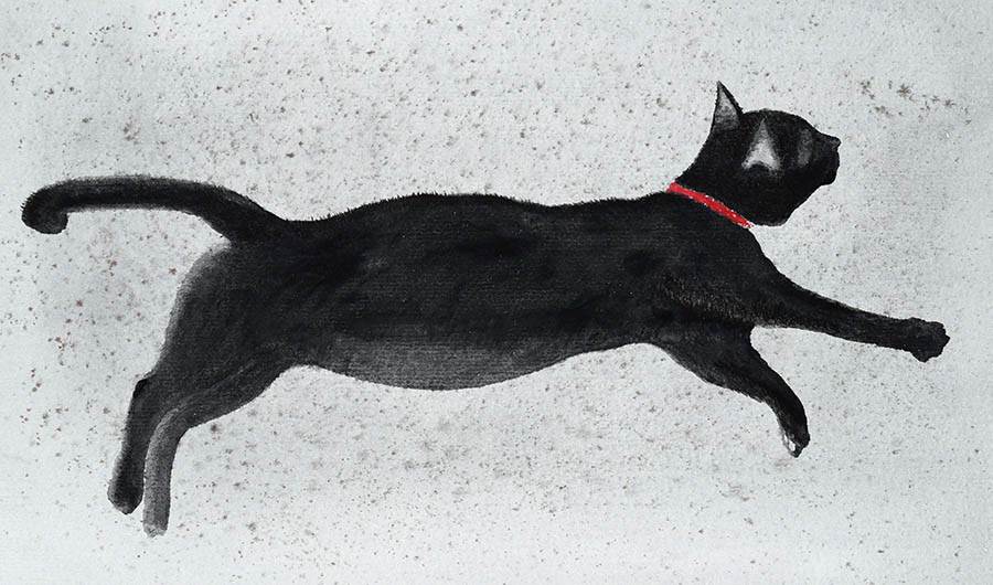 Ink brush painting of a black cat